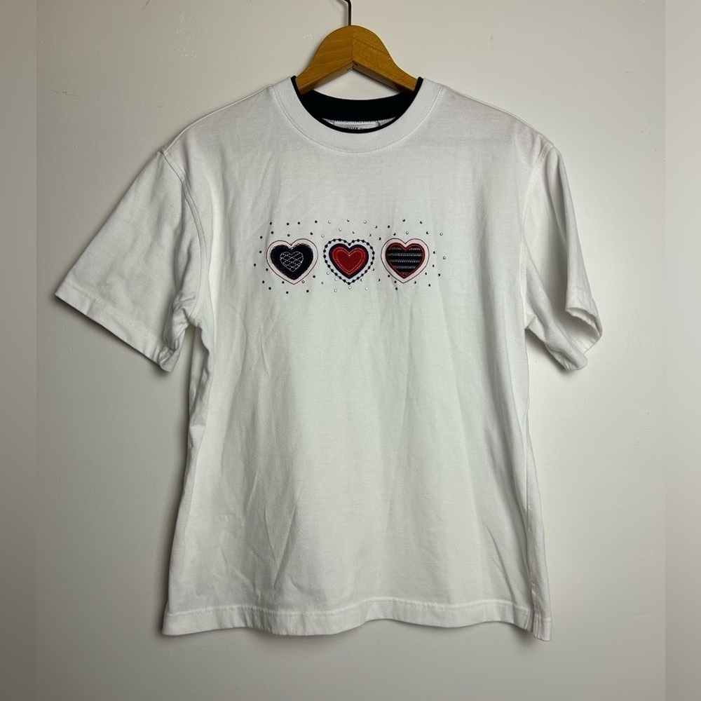 Vtg Y2k 90s Parisian White Tee Heart Embroidery Glitter Blouse Top Size S